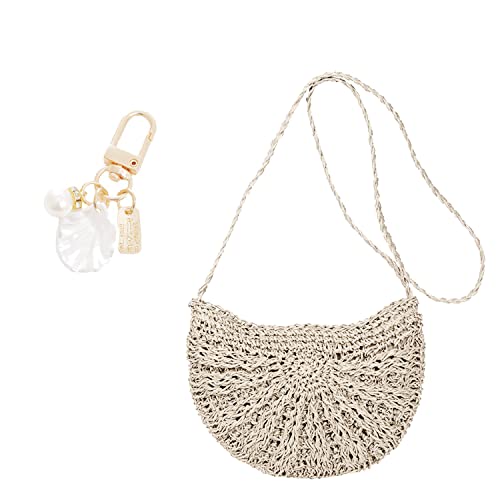 1 bolso de paja de un solo hombro para mujer, bolso de playa versátil para el verano, bolso de vacaciones informal con borla beige, 1 colgante de accesorio de concha de playa