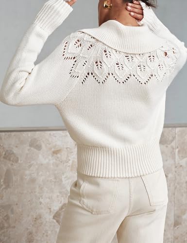 Yeokou Womens Sweaters Eyelet Collar Casual Long Sleeve Lightweight Knit Crochet Pullover Tops3