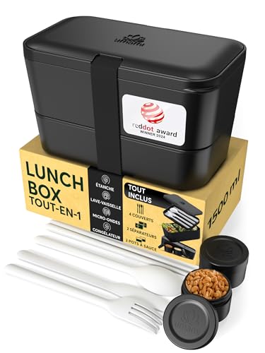 Umami Bento Lunch Box, Couverts & 2 Pots à Sauce Inclus, Boîte Repas Encastrable, Lunchbox Micro-Ondable, Boîte à Lunch Adulte Compartimentée, Bento Box, Onyx Noir, 1500 ml