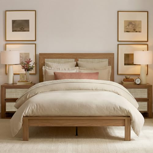 Image of Yechen Rattan Nightsand, Night Stand with Type-C Charging Station, Boho End Tables, Bed Side Tables, 23.6 inch D x 15.8 inch W x 23.6 inch H, 2 Drawers Nightstands for Small Space, Walnut