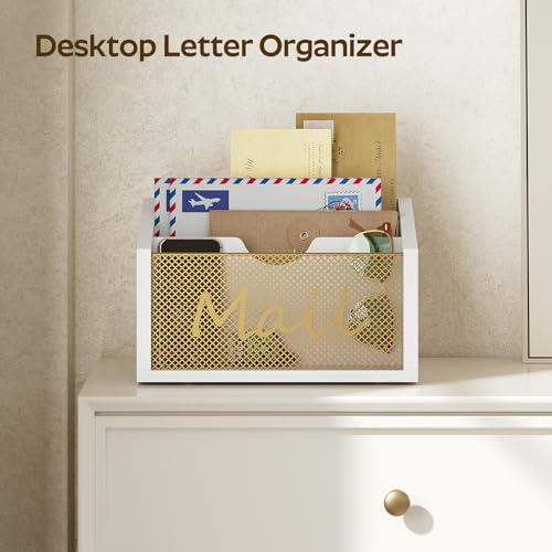 YATINEY Mail Organizer Countertop, Mail Holder with 3 Slots, Mail Sorter for Desk, Wooden Office Desk Organizer, Mail Organizer for Magazines, Files, Papers, Folders, White and Gold MR03DW - Thumbnail 3