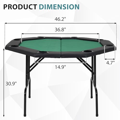 COCO DESIGN Foldable Octagonal Poker Table - Professional Portable Card Game Table for 8 Players, Waterproof PVC Surface, Built-in Cup Holders, Easy Storage for Home Parties & Casino Nights, Green - Thumbnail 3