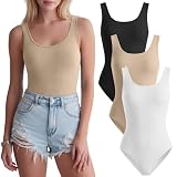 JoyMotion 3 Pack Women's Tank Tops Bodysuits Ribbed Cotton Sleeveless Slim Fit Scoop Neck Shirts Thong Yoga Summer Going out(White, Apricot, Black,Medium)