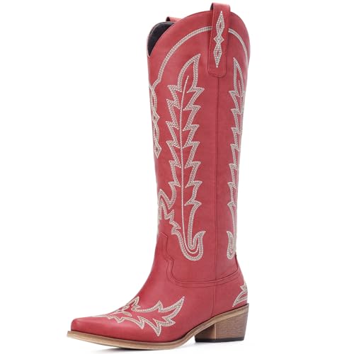 Image of Rivalran Cowboy Boots for Women - Knee High Pointed Toe Chunky Heel Pull On Zipper Western Cowgirl Boots, Retro Country Vintage Fashion Tall Boots