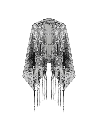 Image of BABEYOND 1920s Sequined Shawl Wraps for Women Fringed Evening Cape Wedding Bridal Shawl Scarf for Evening Dresses Party