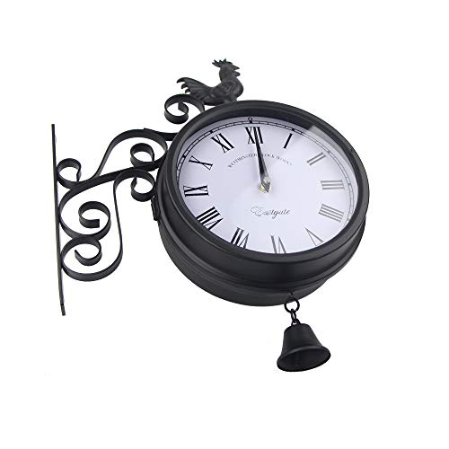 Amazlife Garden Wrought Iron Wall Clock, Outdoor Double-Sided Rooster Design Wall Hanging Clock With Bell, Vintage Roman Wall Clock For Garden Home Decoration (Black) #TOP3