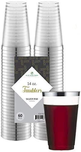 Silver Plastic Cups 14 Oz. Pack Of (60) Clear Disposable Plastic Cups - Silver Rim Cups - Fancy Hard Plastic Cups - Party Accessories - Wedding - Elegant Clear Cups- Tumblers