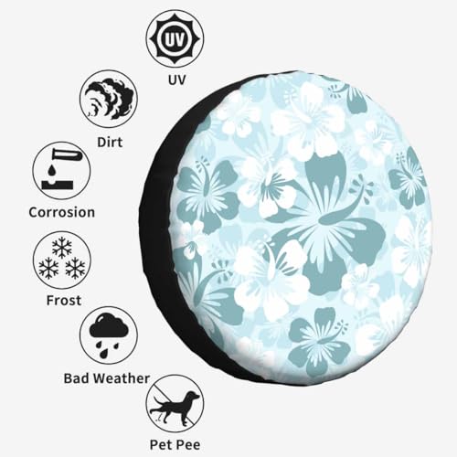 Image of Hibiscus Spare Tire Cover 15 inch for RV Trailer Hawaii Flower Floral Light Green and White Wheel Protectors Weatherproof Polyester Tire Case for All Cars SUV Camper Travel