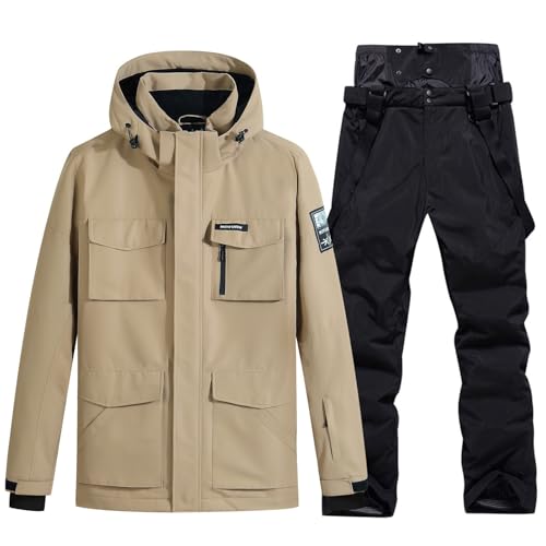 HOUZONIY Giacca da sci da Uomo e pantaloni Set, tuta da neve isolata antivento, cappotto da neve invernale caldo per snowboard (Cachi+Nero XL)
