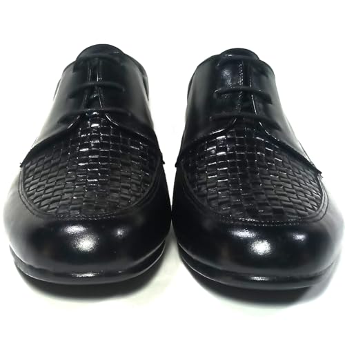 Image of Handcrafted Men's Oxford Shoes in Black Plain and Knitted Leather