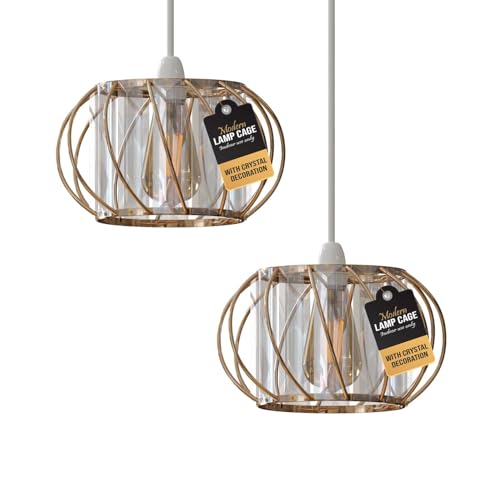 2Pcs Modern Crystal Glass Gold Light Shade Height 10 cm, Width 18cm Easy Fit Metal Hanging Ceiling Pendant Light Fixtures Chandelier Light Fitting Lamp Cage for Hallway Dining Room (Gold)