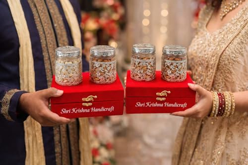 Image of LABHCART Glass Storage Jars with Metal Lids, Floral Design, Set of 2, with Red Gift Box