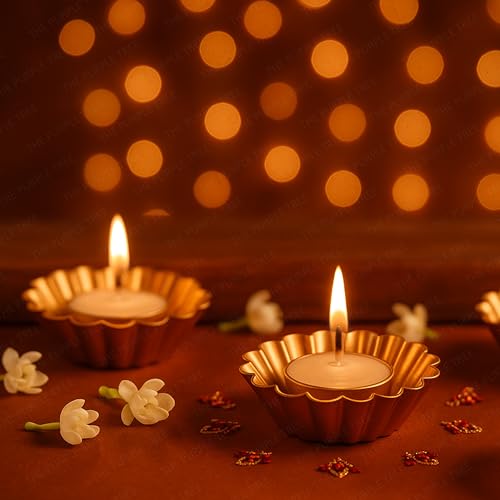 Image of The Purple Tree Lumina Gold Tealight Candle Holders for Diwali Decoration | Pack of 4 Premium Metal DiyaTealight Holders | Festive Home Decor, Wedding, Puja, Party & Gifting, Diwali Floral Diyas