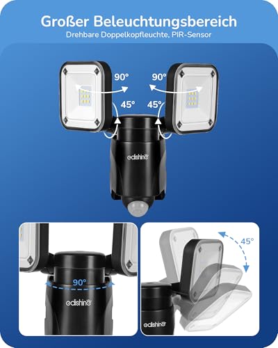 EDISHINE Batterie LED Strahler mit Bewegungsmelder Außen, Kabelloser Batteriebetriebener Außenstrahler, Verstellbare Doppelte Lampenköpfe, IP44 Wasserdicht, 800 Lumen, 6000K für Garage, Hof