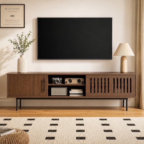 Image of Claiks Mid Century Modern TV Stand for TV up to 70 inch, Entertainment Center with Sliding Barn Doors & Adjustable Shelve, Retro Low Profile Media Console TV Table for Living Room, Walnut