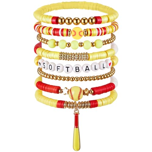 8 Pack Sports Bracelets for Women Mom Soccer Baseball Football Volleyball Basketball Stackable Heishi Clay Beaded Bracelet Accessories Fan Outfits Jewelry Gifts for Sports Party Favor(Softball)