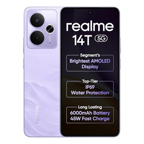 Image of realme 14T 5G Smartphone 8+128GB Lightning Purple, 6.67-inch Screen, 120Hz Display, 6000mAh Battery, 68MP Camera, MediaTek Dimensity 6300, IP69