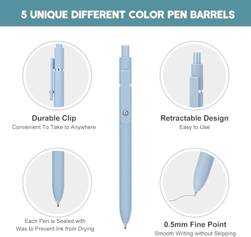 Image of KLIFFOO Refillable & Retractable Gel Pens, 5pcs 0.5mm Fine Point Black Ink Smooth Writing Gel Pen for School & Office Supplies, Quick Dry No Smudge, Ballpoint Pen For Journaling, Note Taking,Doodling