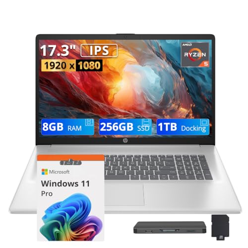 Image of HP 17.3 inch Diagonal FHD Laptop, AMD Ryzen 5 7430U, 8GB DDR4, 1.25TB Storage(256GB SSD+1TB Docking Station), AMD Radeon Graphics, Numeric keypad, 720p HD Camera, Win 11 Pro, Silver