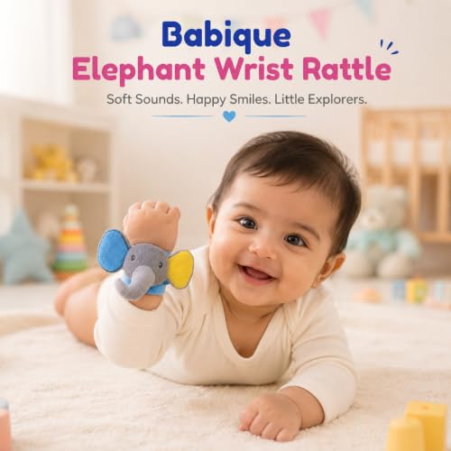 Image of Babique Soft Plush Elephant Hand Rattle Wrist Band for Newborns, Infants & Kids - Baby Wrist Rattle Toy with Adjustable Velcro Strap, Gentle Sound, Lightweight & Safe for 0-36 Months