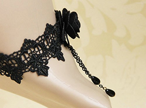 Pure Gothic Ribbon Bridal Lace Pattern Necklace Vintage Romantic Handmade Bridal Wedding White Lace Choker Necklace Short Flower Pearl Relighous Necklace (With A Black Rose) #TOP3
