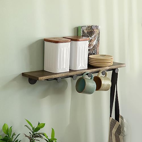 Image of Ellementry Aaron Wooden Wall Shelf with 5 Hooks | Home Decor Items | Wall Mounted Book Shelf| Shelves for Living Room /Kitchen /Bedroom Decoration | Floating Wall Shelves | Hanging Wall Mount Display