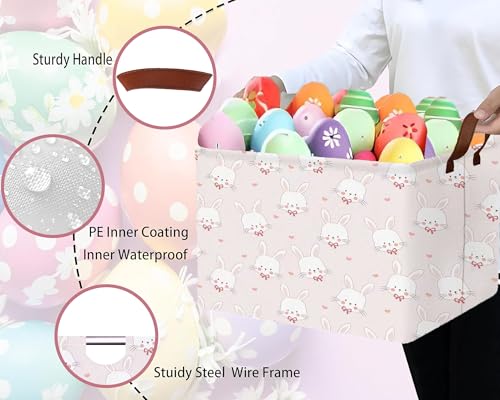Image of Large Rectangular Easter Baskets Empty Waterproof Boy Toy Box Foldable Kid's Gifts Storage Bin Spring Room Decor(Pink Love Rabbit Head)