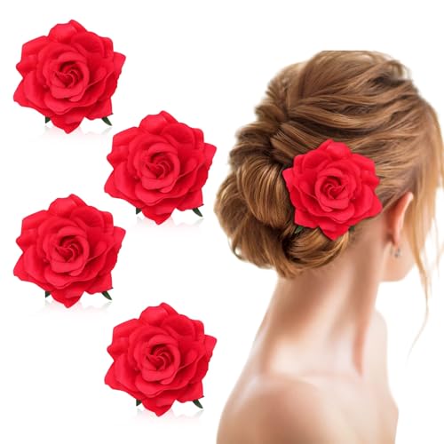 FUIPVGI 4 Piezas Pinza Flor Pelo, Clips de Pelo de Flor, Flor Flamenca Pelo, Pinzas Hawaianas de Flores para el Pelo con Diseño de Rosas, Tocados de Pelo para Mujeres Niñas Fiesta Boda (Rojo)