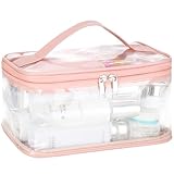 HAOGUAGUA Clear Makeup Cosmetic Bag with Brush Compartment, Portable Waterproof Travel Transparent Toiletry Bags for Traveling Storage Organizer (PINK)