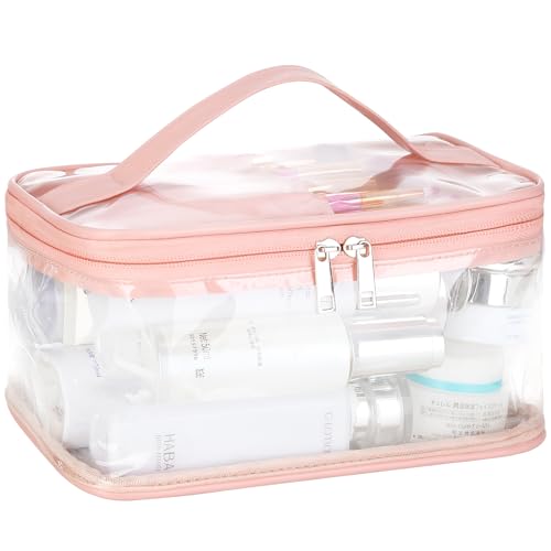 HAOGUAGUA Clear Makeup Cosmetic Bag with Brush Compartment, Portable Waterproof Travel Transparent Toiletry Bags for Traveling Storage Organizer (PINK)