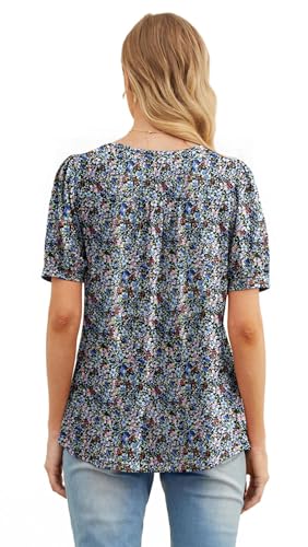 GRECERELLE Womens Summer Tops Casual Dressy Soft Short Sleeve Tunic Front Pleated Spring Crew Neck Tees T-Shirts Loose Blouse for Ladies (Black + Anemone, M) - Image 5