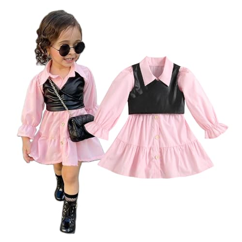 2PCS Infant Baby Girl Outfit Lapel Long Sleeve Button Down Shirt Dress + PU Crop Tops Waistcoat