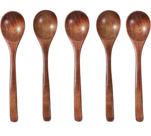 Wooden Honey Spoons Mini Teaspoons for Dessert and Table Use, Set of 5 Round Mouth Wooden Teaspoons Unique Wood Table Spoon Wood Serving Spoon