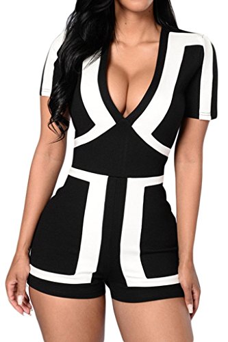 Shawhuwa Womens Sexy V Neck Short Sleeve Party Romper Clubwear Medium Black
