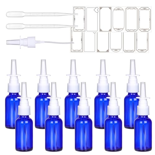 1 oz Empty Nasal Spray Bottles 10 Pack, Blue Glass Refillable Fine Mist Sprayers – Leakproof & Durable for Saline, Essential Oils, Sinus Relief, Allergy Care,Travel,Home Use, Includes Dropper & Labels