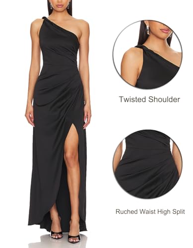 Capuffy Women's Sexy One Shoulder Long Formal Dress Ruched Waist High Split Cocktail Wedding Guest Party Maxi Dress 023