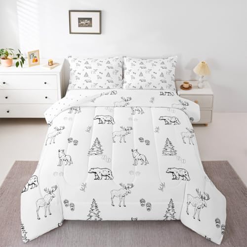 Juego de ropa de cama de oso tamaño doble, juego de edredón de animales salvajes para niños, niñas, adolescentes, rústico, cabaña, campo, edredón, transpirable, suave, ligero, microfibra, naturaleza