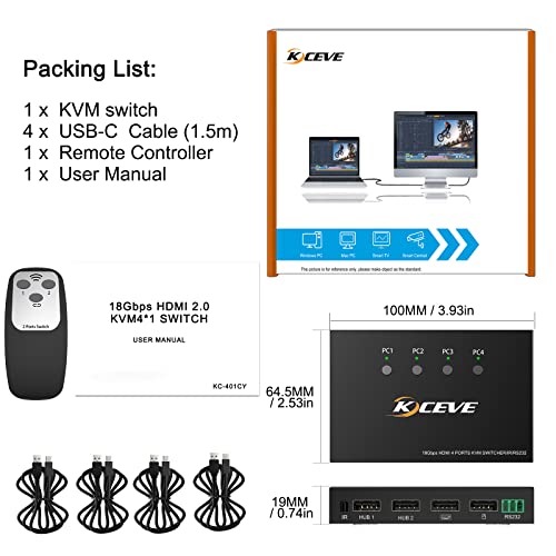 KVM Switch With Serial Port Control, 4K@60Hz 4 In 1 Out HDMI KVM Switcher Box For Share Mouse Keyboard And Monitor, Can Work With Pi-kvm, Compatible With Windows/Linux/Mac System