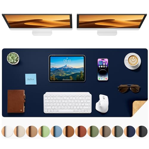 Aothia Dual-Sided Desk Mat, FSC Cork & PU Leather Desk Pad, Large Mouse Pad & Writing Surface for Extended Desk Setup, Non-Slip Waterproof Desk Protector - 47" x 17", Dark Blue