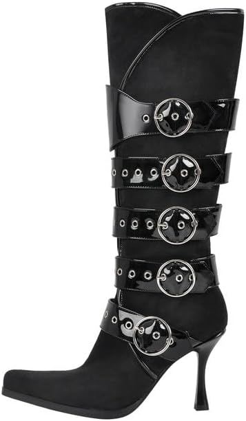 Richealnana Women's Pointed Toe Side Zipper Riding Knee High Boots Buckle Moto Long Boots