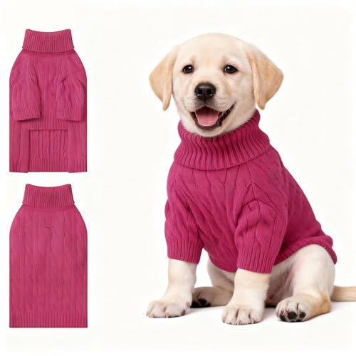 Image of Small Dog Thermal Pullover Sweater, Classic Turtleneck Cable Knitwear Dog Clothes for Cold Weather Warm Pet Clothes for Chihuahua, Bulldog, Dachshund, Pug Hot Pink X-Large