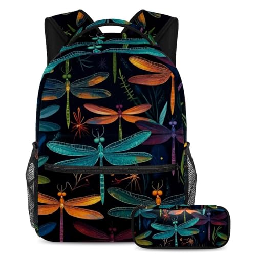 Cartable libellules colorées foncées grand sac à dos scolaire avec trousse ado