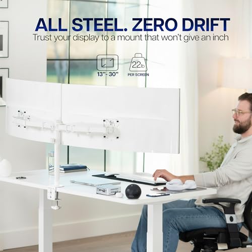 Image of VIVO Dual Ultrawide Monitor Desk Mount, Heavy Duty Fully Adjustable Steel Stand, Holds 2 Computer Screens up to 38 inches and Max 22lbs Each, White, STAND-V038W