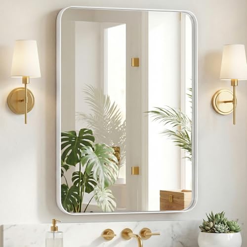 Image of NEWBULIG 30 inchx40 inch White Wall Mirror, Bathroom Mirrors for Over Sink, Matte Metal Framed Vanity Decor Mirror with Tempered Glass, Entryway, Living Room, Bedroom