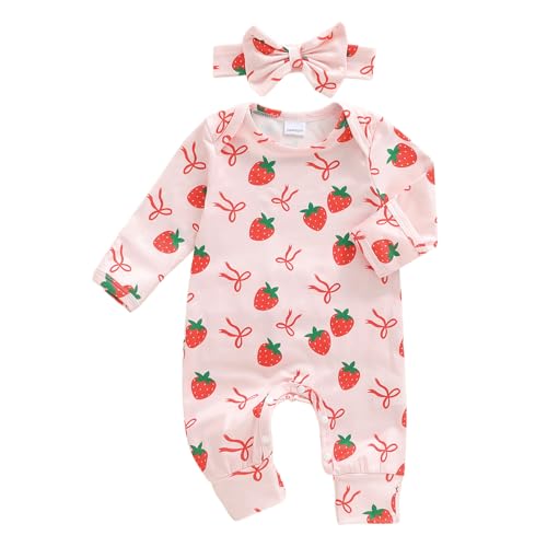 Image of Lefyira Baby Girl Strawberry Clothes Birthday Romper Floral Print Patchwork Bow Jumpsuit Headband Set Infant Summer Outfits