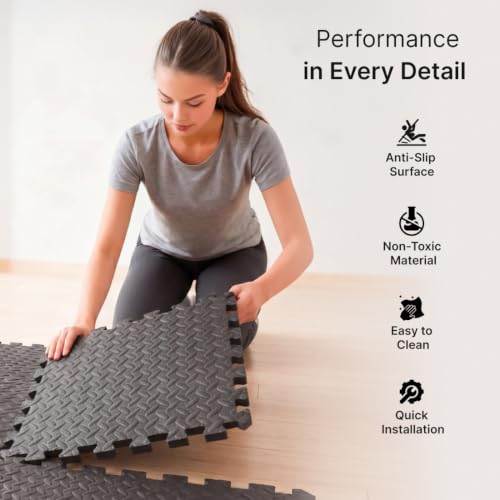 Image of Cult EVA Foam Interlocking Gym Floor Mats Set of 4 | Thick Anti-Skid Workout Tiles | Shock-Absorbing Protective Flooring for Home Gym, Exercise & Equipment | Water-Resistant, Easy to Assemble, Black