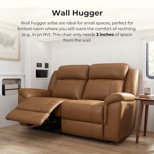 Image of CHITA Leather Power Recliner Sofa Wall Hugger, Saddle, Loveseat