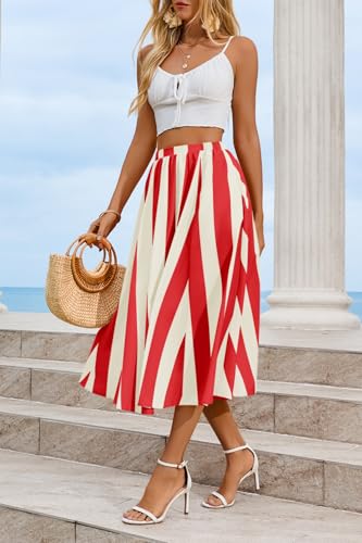 Image of Cicy Bell Womens Summer Striped Maxi Skirts A-Line Beach Vacation Outfits | Elastic Waist, Side Pockets, Flowy, Midi Length, Color Contrast, Trendy Casual
