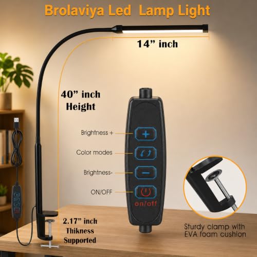Image of BROLAVIYA Overhead Flexible LED Long Desk Lamp Light with Metal Clamp, 3 Modes, 10 Brightness, Eye-Caring, Long Flexible Gooseneck, for Home, Office, Desktop,Bedroom, Reading, Study lamp etc, Black