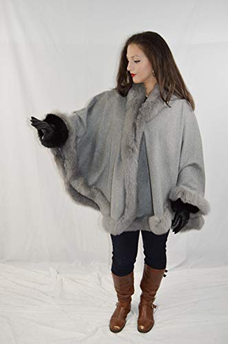 Womens Cape Coat- Luxury Cashmere Ponchos for Women with Fox Fur Trim- Pure Cashmere Wool Elegant Coats for Women (Medium Grey)3
